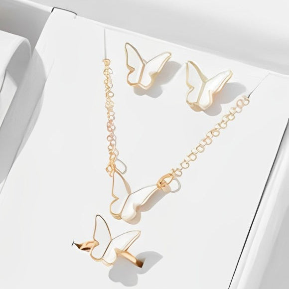 Butterfly Jewelry Set for Women – 4-Piece Necklace, Earrings & Ring Set | White