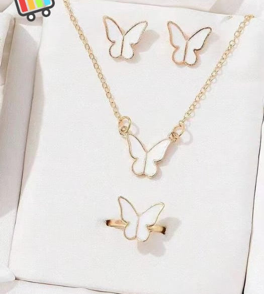 Butterfly Jewelry Set for Women – 4-Piece Necklace, Earrings & Ring Set | White