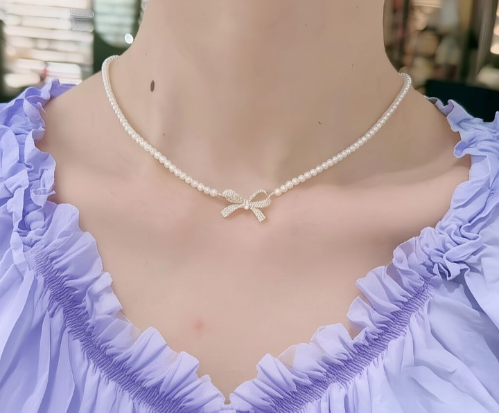 PQT-992 Bow Pearl Pendant Necklace for Women – Dainty Sparkling Bow Jewelry | Golden