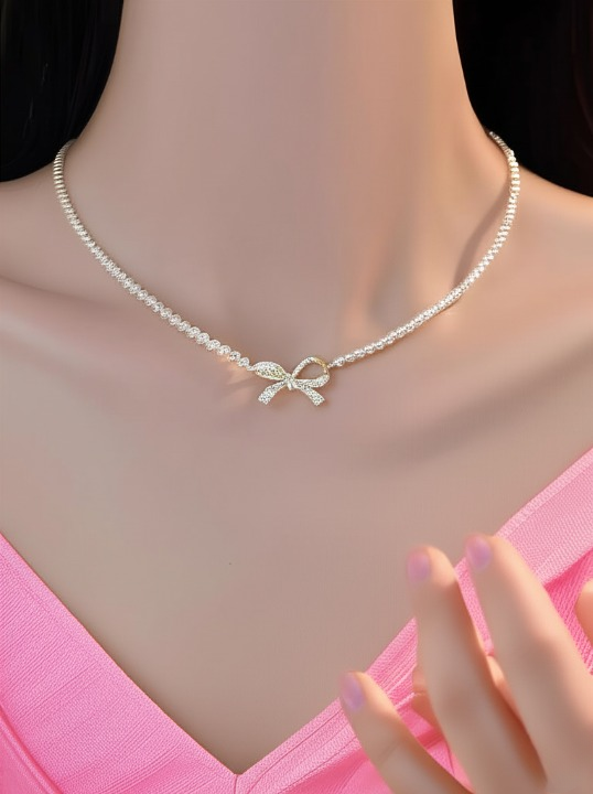 PQT-992 Bow Pearl Pendant Necklace for Women – Dainty Sparkling Bow Jewelry | Golden