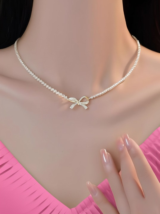 PQT-992 Bow Pearl Pendant Necklace for Women – Dainty Sparkling Bow Jewelry | Golden