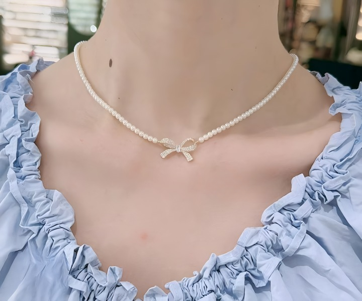 PQT-992 Bow Pearl Pendant Necklace for Women – Dainty Sparkling Bow Jewelry | Golden