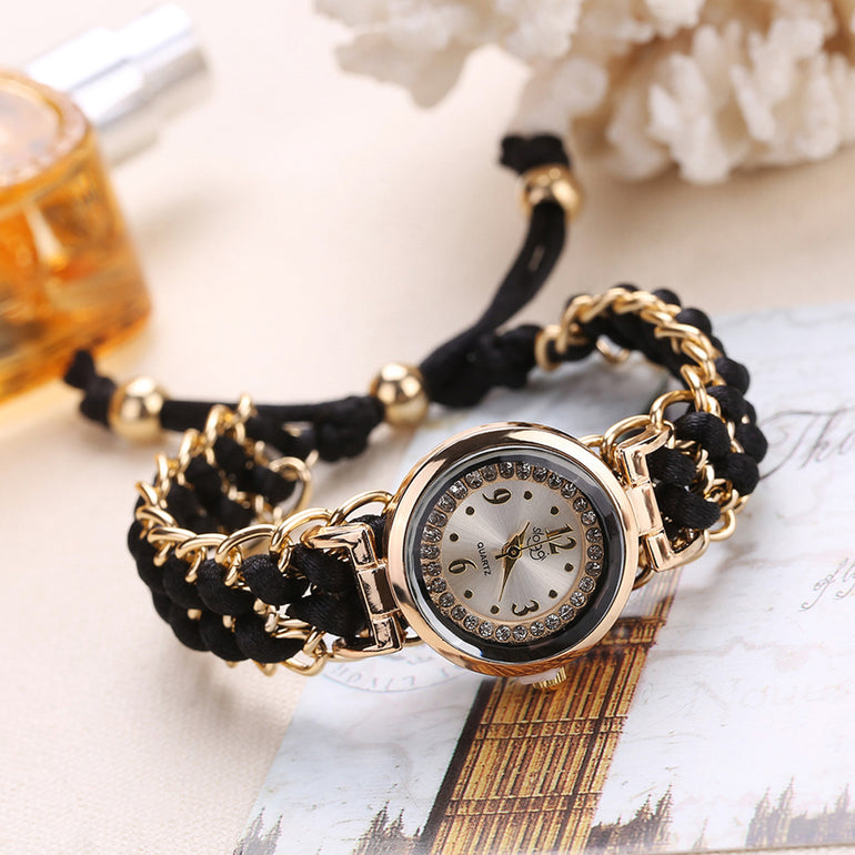 Luxury Girls Analog Bracelet Watch – Stylish Handmade Woven Rope Wristwatch, Elegant Black Fashion Timepiece