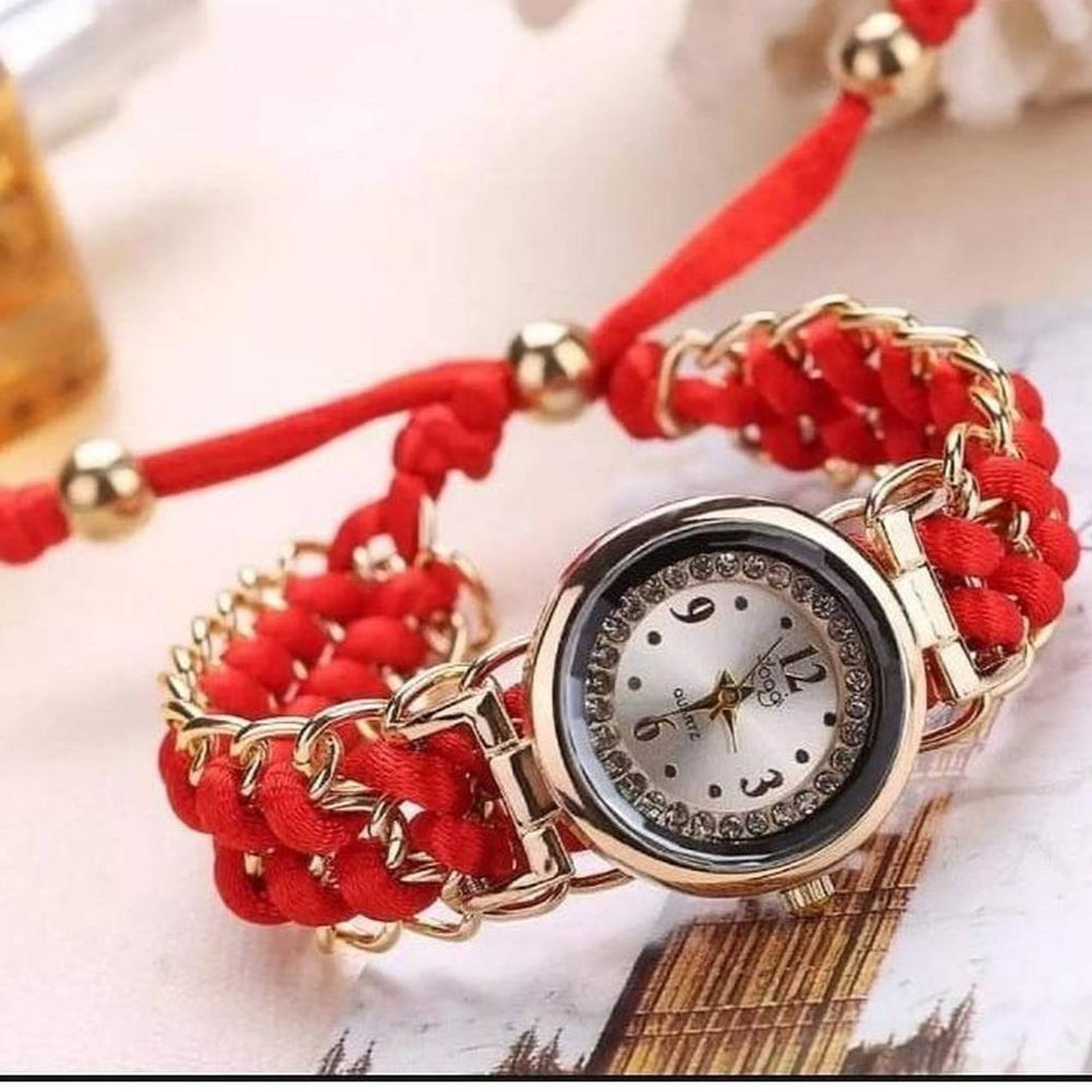 Luxury Girls Analog Bracelet Watch – Stylish Handmade Woven Rope Wristwatch, Elegant Black Fashion Timepiece
