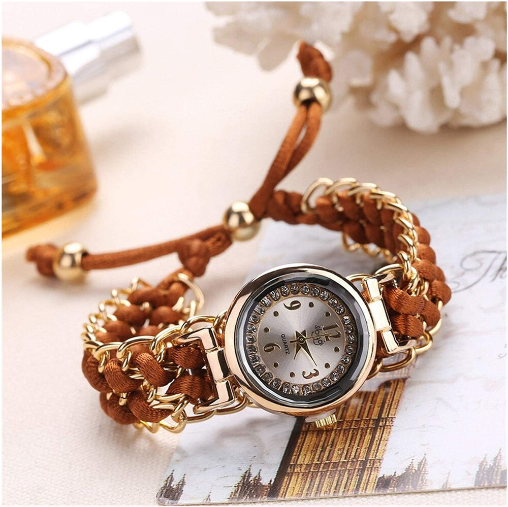 Luxury Girls Analog Bracelet Watch – Stylish Handmade Woven Rope Wristwatch, Elegant Black Fashion Timepiece
