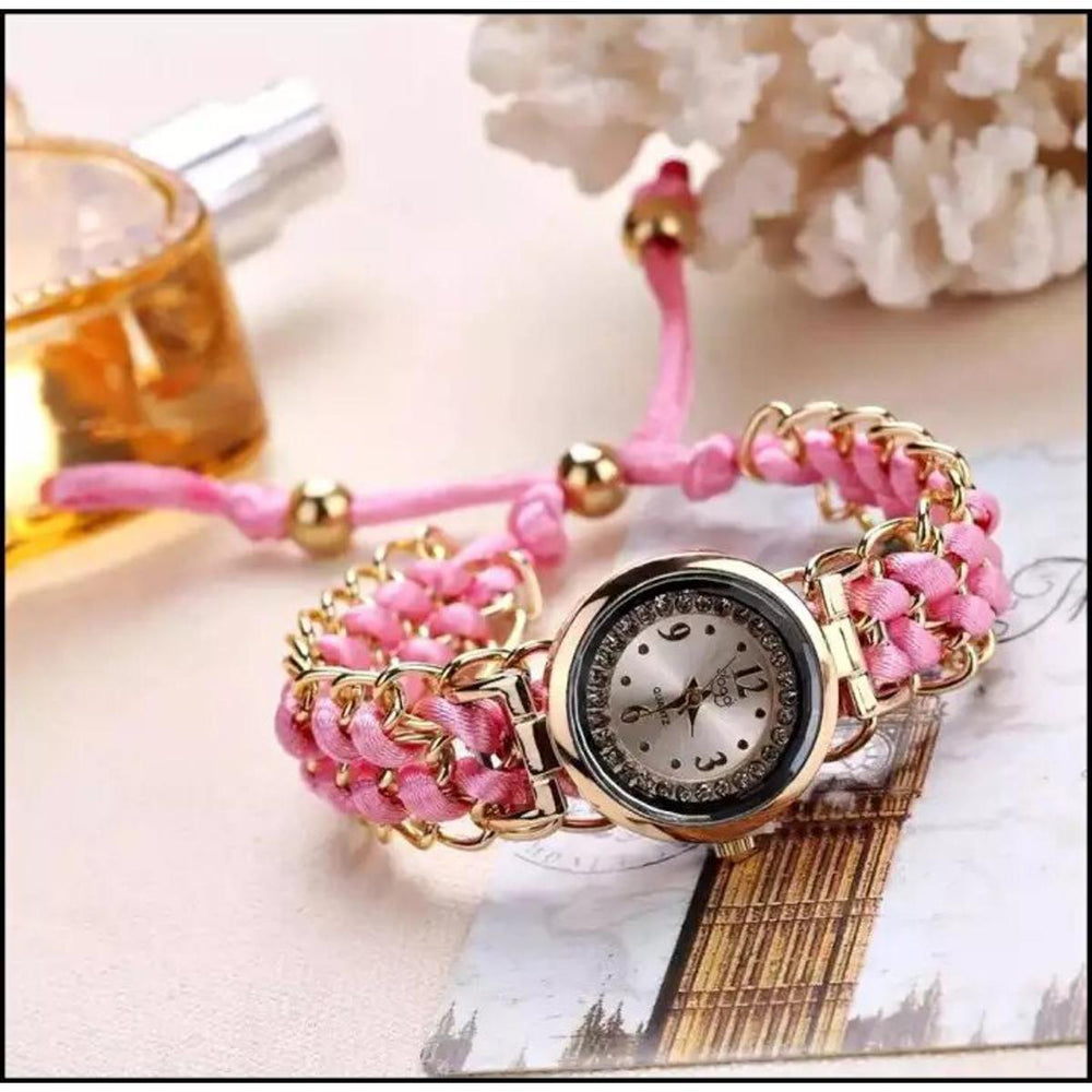 Luxury Girls Analog Bracelet Watch – Stylish Handmade Woven Rope Wristwatch, Elegant Black Fashion Timepiece