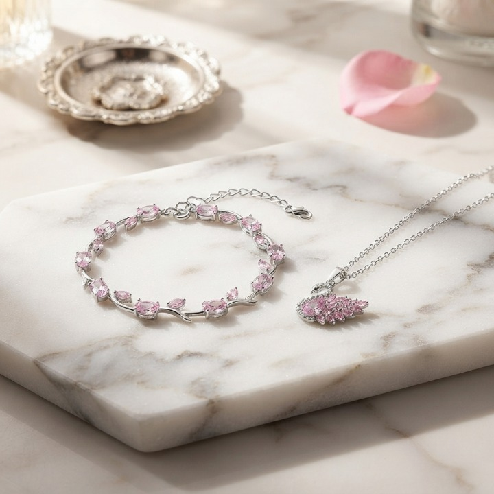 Tulip Bracelet & Swan Necklace Set – Stainless Steel Jewelry for Women | Gold Pink