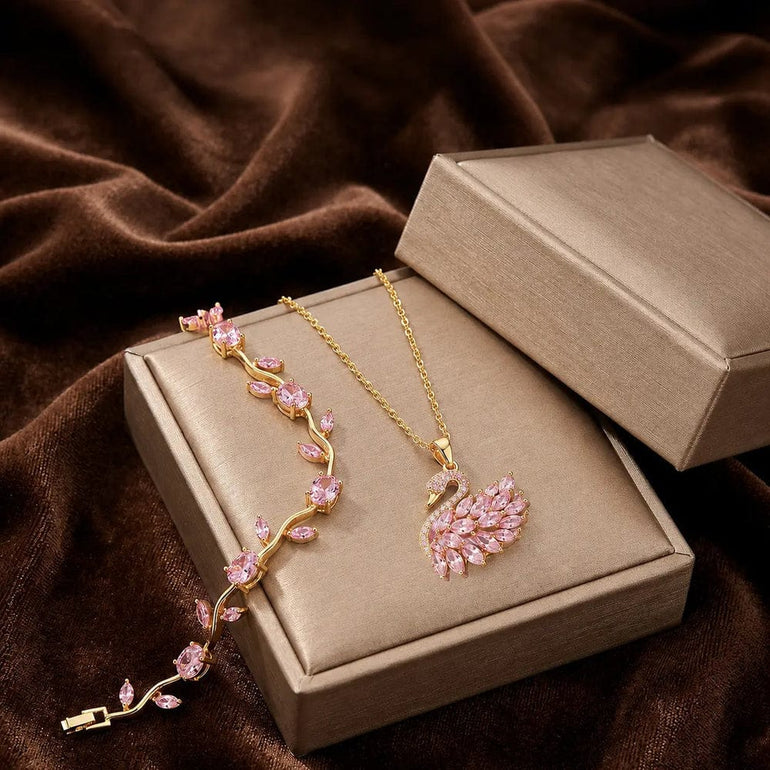 Tulip Bracelet & Swan Necklace Set – Stainless Steel Jewelry for Women | Gold Pink
