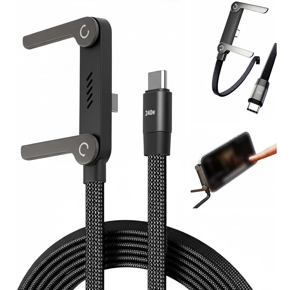 240W 2-in-1 USB-C to USB-C Fast Charging Cable with Stand – 1.5M Nylon Braided Data Cable