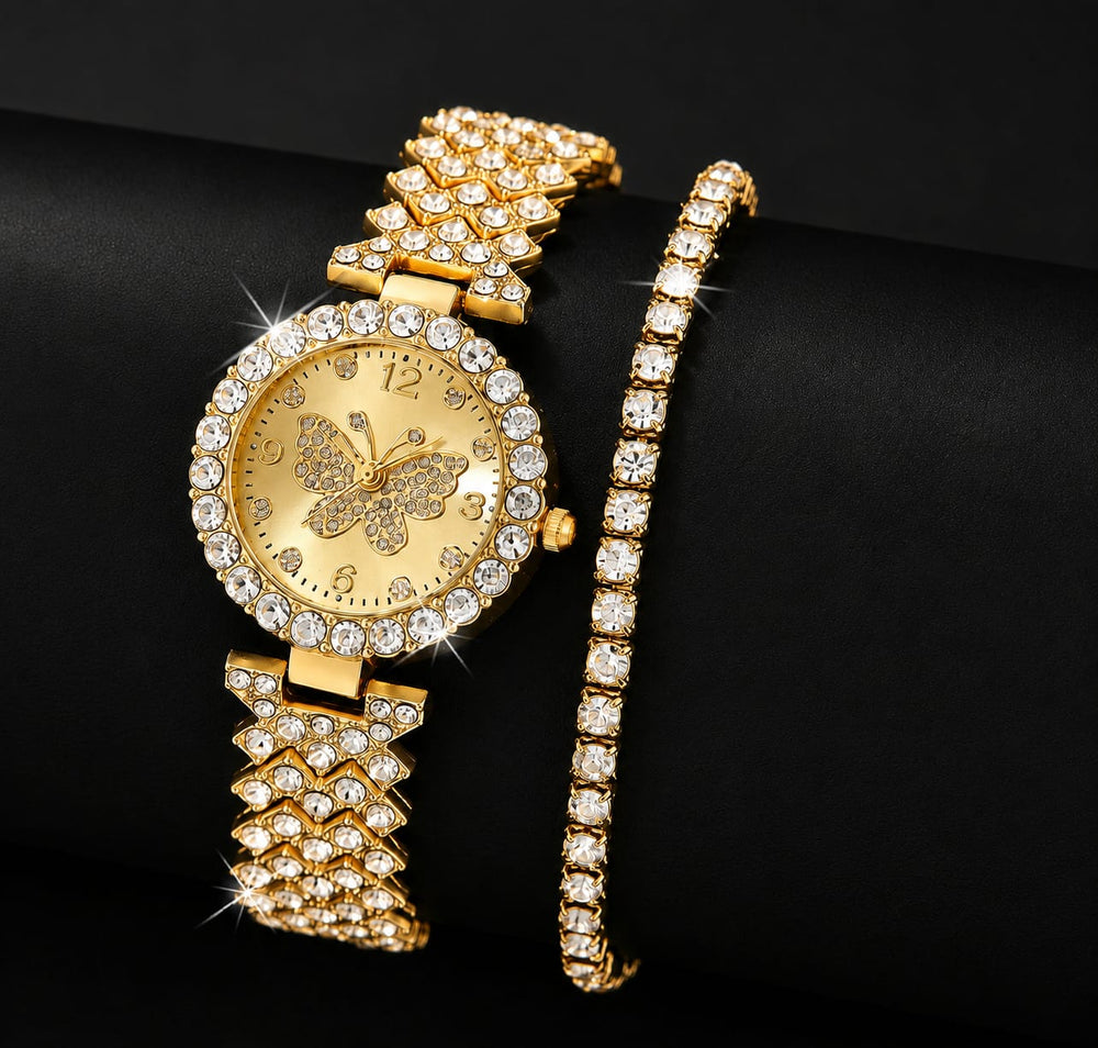 Women’s Butterfly Quartz Watch & Bracelet Set – Elegant Golden Fashion Jewelry Gift