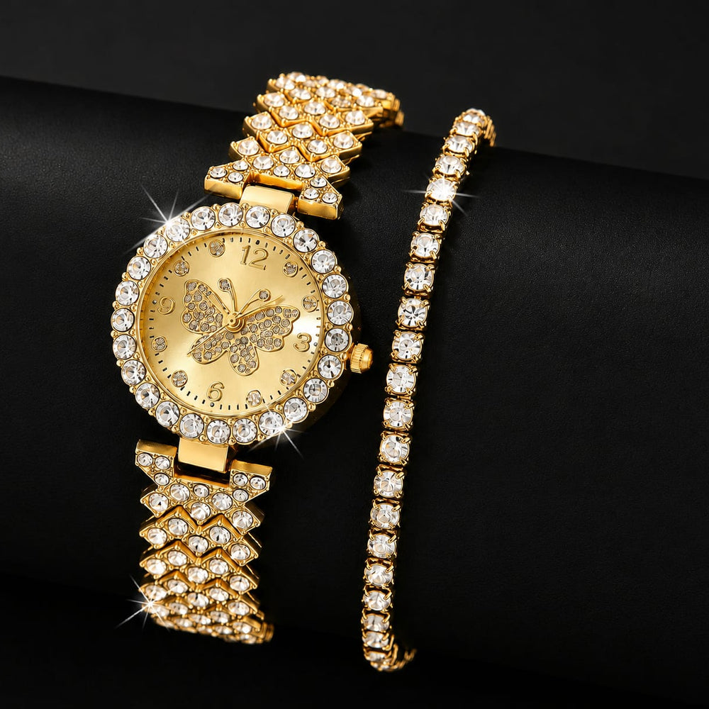 Women’s Butterfly Quartz Watch & Bracelet Set – Elegant Golden Fashion Jewelry Gift