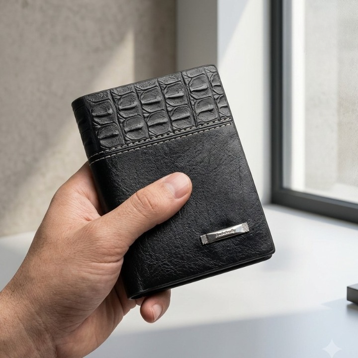 Balebaily Croc Texture Bifold Wallet – Compact Men’s Card Holder with ID Window, Cash Pocket & Tuck Lock - Black
