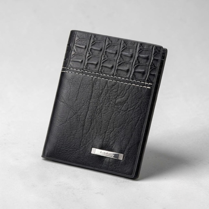 Balebaily Croc Texture Bifold Wallet – Compact Men’s Card Holder with ID Window, Cash Pocket & Tuck Lock - Black