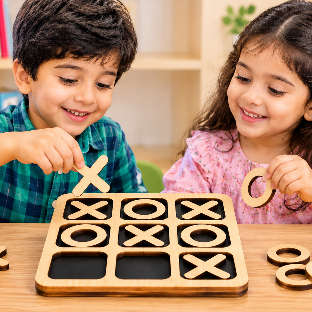 Wooden Tic Tac Toe Game – Classic Educational Board Game for Kids & Adults