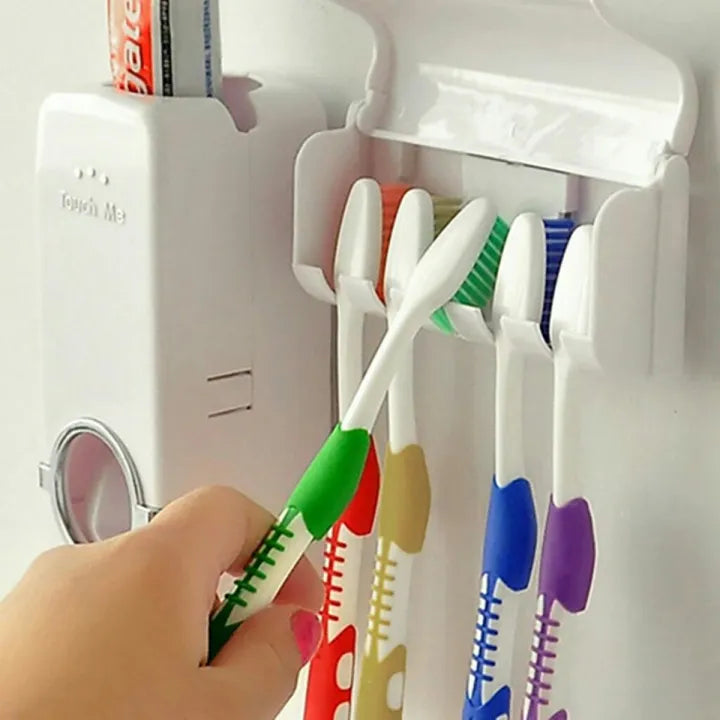 Automatic Toothpaste Dispenser & Toothbrush Holder – Wall-Mounted Bathroom Organizer, Hands-Free Toothpaste Dispenser & Storage Rack