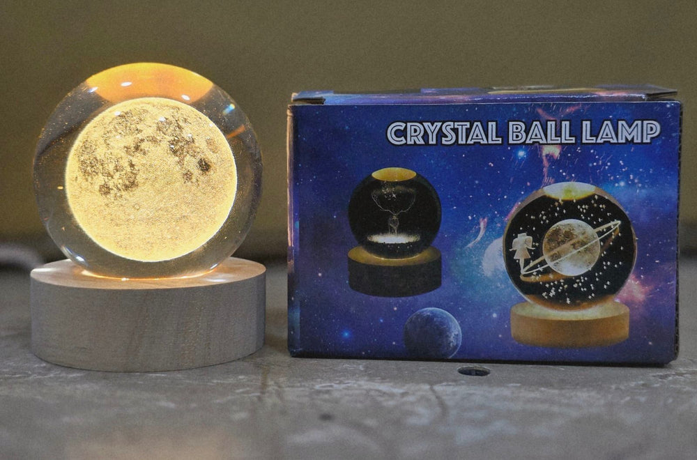 Glowing Crystal Ball Lamp with LED Wooden Base – Decorative Night Light, Crystal Sphere Table Lamp & Home Decor